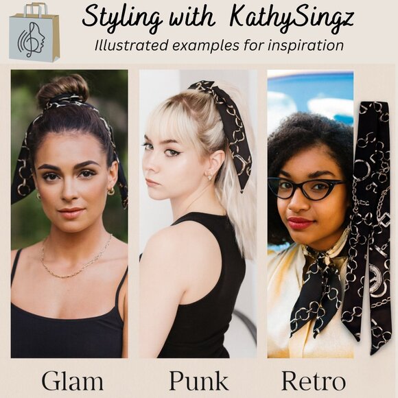 Black Chain Print Slim Silk Scarf Equestrian Glam Minimal Style No22 - Picture 3 of 8